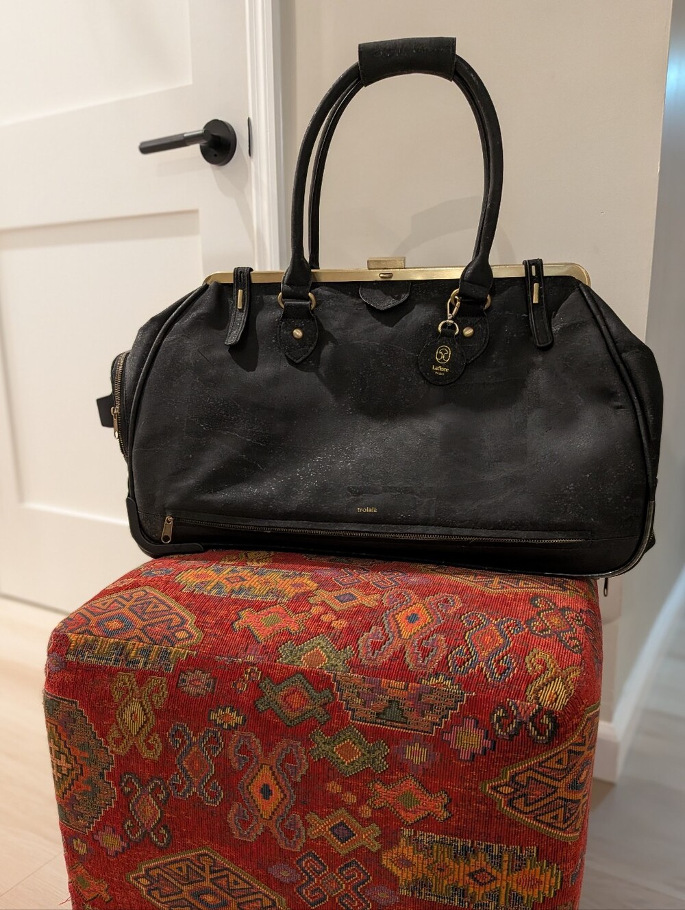 Trolala Laflore Black Weekend Roller Bag Gold Accents Orange Interior
